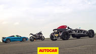 McLaren 720S vs Ariel Atom 4 vs BMW superbike drag race