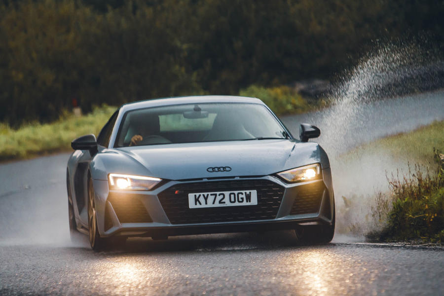 Audi R8 V10 Performance RWD Edition front tracking through water splash