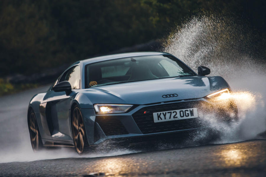 Audi R8 V10 Performance RWD Edition front driving through water splash