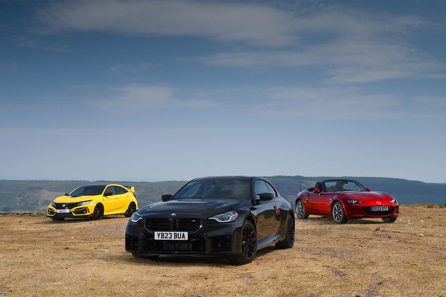 Honda Civic Type R, BMW M2 and Mazda MX-5 parked – front