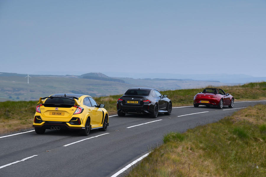 Honda Civic Type R following BMW M2 and Mazda MX-5