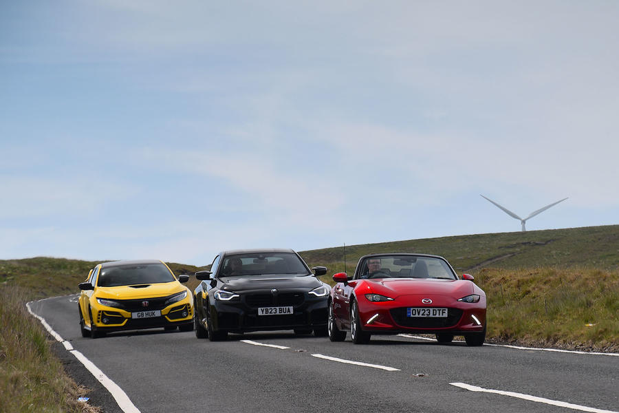 Honda Civic Type R, BMW M2 and Mazda MX-5 driving – front