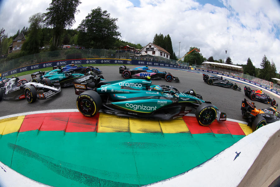 Aston Martin F1 car cornering at Spa